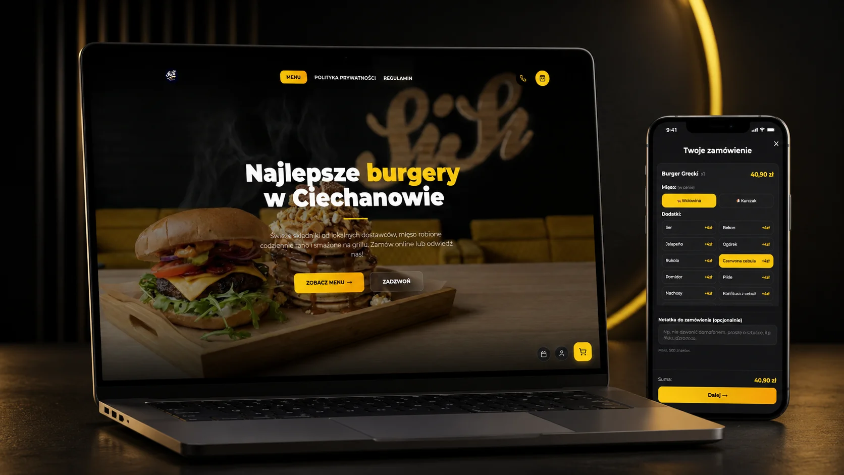 Mockup systemu zamówień online SISI na komputerze i telefonie